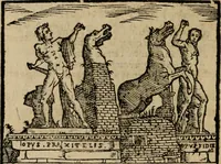 An illustration from Descrittione di Roma antica e moderna : nella quale si contengono chiese, monasterij, hospedali, compagnie, collegij e seminarij, tempij, teatri, anfiteatri, naumachie, cerchi, fori, curie, palazzi, e statue, librerie, musei, pitture, sculture, & i nomi de gli artefici : indice de'sommi pontefici, imperatori e duchi : con due copiosissime tauole (1643)