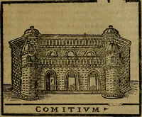 An illustration from Descrittione di Roma antica e moderna : nella quale si contengono chiese, monasterij, hospedali, compagnie, collegij e seminarij, tempij, teatri, anfiteatri, naumachie, cerchi, fori, curie, palazzi, e statue, librerie, musei, pitture, sculture, & i nomi de gli artefici : indice de'sommi pontefici, imperatori e duchi : con due copiosissime tauole (1643)