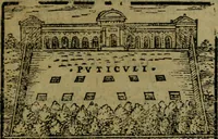 An illustration from Descrittione di Roma antica e moderna : nella quale si contengono chiese, monasterij, hospedali, compagnie, collegij e seminarij, tempij, teatri, anfiteatri, naumachie, cerchi, fori, curie, palazzi, e statue, librerie, musei, pitture, sculture, & i nomi de gli artefici : indice de'sommi pontefici, imperatori e duchi : con due copiosissime tauole (1643)