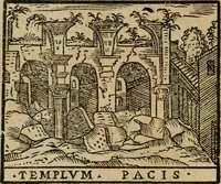 An illustration from Descrittione di Roma antica e moderna : nella quale si contengono chiese, monasterij, hospedali, compagnie, collegij e seminarij, tempij, teatri, anfiteatri, naumachie, cerchi, fori, curie, palazzi, e statue, librerie, musei, pitture, sculture, & i nomi de gli artefici : indice de'sommi pontefici, imperatori e duchi : con due copiosissime tauole (1643)