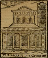 An illustration from Descrittione di Roma antica e moderna : nella quale si contengono chiese, monasterij, hospedali, compagnie, collegij e seminarij, tempij, teatri, anfiteatri, naumachie, cerchi, fori, curie, palazzi, e statue, librerie, musei, pitture, sculture, & i nomi de gli artefici : indice de'sommi pontefici, imperatori e duchi : con due copiosissime tauole (1643)