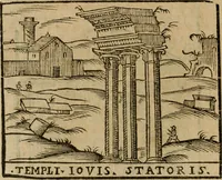 An illustration from Descrittione di Roma antica e moderna : nella quale si contengono chiese, monasterij, hospedali, compagnie, collegij e seminarij, tempij, teatri, anfiteatri, naumachie, cerchi, fori, curie, palazzi, e statue, librerie, musei, pitture, sculture, & i nomi de gli artefici : indice de'sommi pontefici, imperatori e duchi : con due copiosissime tauole (1643)