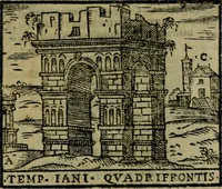 An illustration from Descrittione di Roma antica e moderna : nella quale si contengono chiese, monasterij, hospedali, compagnie, collegij e seminarij, tempij, teatri, anfiteatri, naumachie, cerchi, fori, curie, palazzi, e statue, librerie, musei, pitture, sculture, & i nomi de gli artefici : indice de'sommi pontefici, imperatori e duchi : con due copiosissime tauole (1643)