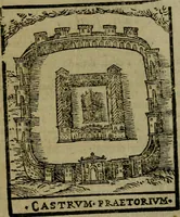 An illustration from Descrittione di Roma antica e moderna : nella quale si contengono chiese, monasterij, hospedali, compagnie, collegij e seminarij, tempij, teatri, anfiteatri, naumachie, cerchi, fori, curie, palazzi, e statue, librerie, musei, pitture, sculture, & i nomi de gli artefici : indice de'sommi pontefici, imperatori e duchi : con due copiosissime tauole (1643)
