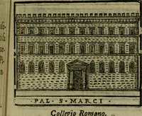 An illustration from Descrittione di Roma antica e moderna : nella quale si contengono chiese, monasterij, hospedali, compagnie, collegij e seminarij, tempij, teatri, anfiteatri, naumachie, cerchi, fori, curie, palazzi, e statue, librerie, musei, pitture, sculture, & i nomi de gli artefici : indice de'sommi pontefici, imperatori e duchi : con due copiosissime tauole (1643)