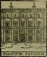 An illustration from Descrittione di Roma antica e moderna : nella quale si contengono chiese, monasterij, hospedali, compagnie, collegij e seminarij, tempij, teatri, anfiteatri, naumachie, cerchi, fori, curie, palazzi, e statue, librerie, musei, pitture, sculture, & i nomi de gli artefici : indice de'sommi pontefici, imperatori e duchi : con due copiosissime tauole (1643)