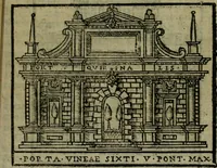 An illustration from Descrittione di Roma antica e moderna : nella quale si contengono chiese, monasterij, hospedali, compagnie, collegij e seminarij, tempij, teatri, anfiteatri, naumachie, cerchi, fori, curie, palazzi, e statue, librerie, musei, pitture, sculture, & i nomi de gli artefici : indice de'sommi pontefici, imperatori e duchi : con due copiosissime tauole (1643)
