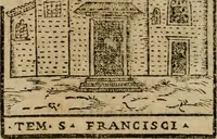 An illustration from Descrittione di Roma antica e moderna : nella quale si contengono chiese, monasterij, hospedali, compagnie, collegij e seminarij, tempij, teatri, anfiteatri, naumachie, cerchi, fori, curie, palazzi, e statue, librerie, musei, pitture, sculture, & i nomi de gli artefici : indice de'sommi pontefici, imperatori e duchi : con due copiosissime tauole (1643)
