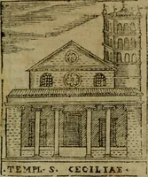 An illustration from Descrittione di Roma antica e moderna : nella quale si contengono chiese, monasterij, hospedali, compagnie, collegij e seminarij, tempij, teatri, anfiteatri, naumachie, cerchi, fori, curie, palazzi, e statue, librerie, musei, pitture, sculture, & i nomi de gli artefici : indice de'sommi pontefici, imperatori e duchi : con due copiosissime tauole (1643)