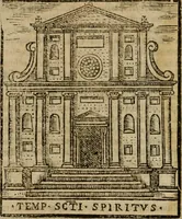 An illustration from Descrittione di Roma antica e moderna : nella quale si contengono chiese, monasterij, hospedali, compagnie, collegij e seminarij, tempij, teatri, anfiteatri, naumachie, cerchi, fori, curie, palazzi, e statue, librerie, musei, pitture, sculture, & i nomi de gli artefici : indice de'sommi pontefici, imperatori e duchi : con due copiosissime tauole (1643)