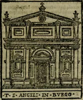 An illustration from Descrittione di Roma antica e moderna : nella quale si contengono chiese, monasterij, hospedali, compagnie, collegij e seminarij, tempij, teatri, anfiteatri, naumachie, cerchi, fori, curie, palazzi, e statue, librerie, musei, pitture, sculture, & i nomi de gli artefici : indice de'sommi pontefici, imperatori e duchi : con due copiosissime tauole (1643)