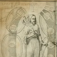 An illustration from Des gottseeligen hocherleuchteten Jacob Böhmens teutonici Philosophi Alle theosophische Wercken : darinnen alle tieffe Geheimnüsse Gottes der ewigen und zeitlichen Natur und Creatur : samt dem wahren Grunde christlicher Religion und der Gottseeligkeit, nach dem apostolischen Gezeugnüss offenbahrer werden : theils aus des Authoris eigenen Originalen, theils aus den ersten und nachgesehenen besten Copyen auffs fleissigste corrigiret : und in Beyfügung etlicher Clavium so vorhin noch nie gedruckt, nebenst einem zweyfachen Register : den Liebhabern göttlicher und natürlicher Weissheit zum besten an Tag gegeben (1682)
