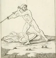 An illustration from Des Herrn Leonhard von Vinci, ersten Mahlers in Florenz, Praktisches Werk von der Mahlerey : worinnen diese vortrefliche Kunst hauptsächlich nach geometrisch- optisch- und mechanischen Grunden gelehret : wie auch nach anatomischen Regeln die verschiedenen Stellungen, Bewegungen und Berrichtungen der Glieder des menschlichen Körpors, deutlich vorgestellet wird (1786)