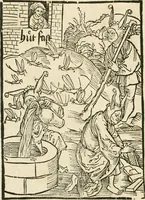 An illustration from Des hochwirdigen doctor Keiserspergs narenschiff : so er gepredigt hat zü Strassburg in der hohen stifft daselbst Predictãt d. zeit i498 dis geprediget :vnd vss latin in tütsch bracht, darin vil weissheit ist zü lerne, vnd leert auch die narreschel hinweck werffen ist nütz vnd güt alen menschen (1520)