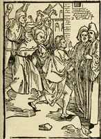 An illustration from Des hochwirdigen doctor Keiserspergs narenschiff : so er gepredigt hat zü Strassburg in der hohen stifft daselbst Predictãt d. zeit i498 dis geprediget :vnd vss latin in tütsch bracht, darin vil weissheit ist zü lerne, vnd leert auch die narreschel hinweck werffen ist nütz vnd güt alen menschen (1520)