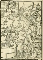 Picture 56 of 130 from Des hochwirdigen doctor Keiserspergs narenschiff : so er gepredigt hat zü Strassburg in der hohen stifft daselbst Predictãt d. zeit i498 dis geprediget :vnd vss latin in tütsch bracht, darin vil weissheit ist zü lerne, vnd leert auch die narreschel hinweck werffen ist nütz vnd güt alen menschen (1520), leaf 185