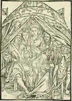 An illustration from Des hochwirdigen doctor Keiserspergs narenschiff : so er gepredigt hat zü Strassburg in der hohen stifft daselbst Predictãt d. zeit i498 dis geprediget :vnd vss latin in tütsch bracht, darin vil weissheit ist zü lerne, vnd leert auch die narreschel hinweck werffen ist nütz vnd güt alen menschen (1520)