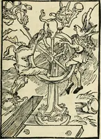 An illustration from Des hochwirdigen doctor Keiserspergs narenschiff : so er gepredigt hat zü Strassburg in der hohen stifft daselbst Predictãt d. zeit i498 dis geprediget :vnd vss latin in tütsch bracht, darin vil weissheit ist zü lerne, vnd leert auch die narreschel hinweck werffen ist nütz vnd güt alen menschen (1520)