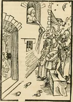 An illustration from Des hochwirdigen doctor Keiserspergs narenschiff : so er gepredigt hat zü Strassburg in der hohen stifft daselbst Predictãt d. zeit i498 dis geprediget :vnd vss latin in tütsch bracht, darin vil weissheit ist zü lerne, vnd leert auch die narreschel hinweck werffen ist nütz vnd güt alen menschen (1520)