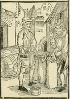 An illustration from Des hochwirdigen doctor Keiserspergs narenschiff : so er gepredigt hat zü Strassburg in der hohen stifft daselbst Predictãt d. zeit i498 dis geprediget :vnd vss latin in tütsch bracht, darin vil weissheit ist zü lerne, vnd leert auch die narreschel hinweck werffen ist nütz vnd güt alen menschen (1520)