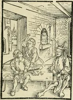 An illustration from Des hochwirdigen doctor Keiserspergs narenschiff : so er gepredigt hat zü Strassburg in der hohen stifft daselbst Predictãt d. zeit i498 dis geprediget :vnd vss latin in tütsch bracht, darin vil weissheit ist zü lerne, vnd leert auch die narreschel hinweck werffen ist nütz vnd güt alen menschen (1520)