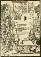 An illustration from Des hochwirdigen doctor Keiserspergs narenschiff : so er gepredigt hat zü Strassburg in der hohen stifft daselbst Predictãt d. zeit i498 dis geprediget :vnd vss latin in tütsch bracht, darin vil weissheit ist zü lerne, vnd leert auch die narreschel hinweck werffen ist nütz vnd güt alen menschen (1520)