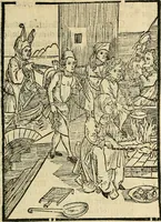 An illustration from Des hochwirdigen doctor Keiserspergs narenschiff : so er gepredigt hat zü Strassburg in der hohen stifft daselbst Predictãt d. zeit i498 dis geprediget :vnd vss latin in tütsch bracht, darin vil weissheit ist zü lerne, vnd leert auch die narreschel hinweck werffen ist nütz vnd güt alen menschen (1520)