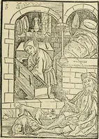 An illustration from Des hochwirdigen doctor Keiserspergs narenschiff : so er gepredigt hat zü Strassburg in der hohen stifft daselbst Predictãt d. zeit i498 dis geprediget :vnd vss latin in tütsch bracht, darin vil weissheit ist zü lerne, vnd leert auch die narreschel hinweck werffen ist nütz vnd güt alen menschen (1520)
