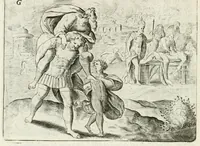 An illustration from Toonneel des menschelyken levens, of, De vernieuwde gulden winkel : waar in door poëtische, historische, morale, en schriftuurlijke leeringen, den mensche vertoont werd, hoedanig hy zijn leven, handel, en wandel, zediglijk, eerbaarlijk en vermakelijk zal overbrengen (1699)
