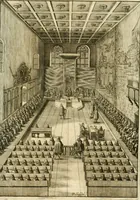 An illustration from De statu publico Europae novissimo tractatus, in quo unà cùm aliis nobilissimis atque utilissimis materiis juris publici, practici magis, quàm speculativi, illustres controversiae, praetensiones, judicia politica, praecedentiarum quaestiones & decisiones, tàm in comitiis imperii, quàm alibi agitatae, reperiuntur. Quibus insuper accesserunt, instar commentarii, paratitla de aurea bulla, recessibus imperii, ordinatione camerali, pace religiosa & profana, item capitulatione caesarea (1675)