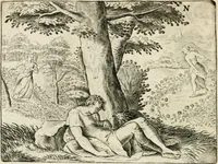 An illustration from De vernieuwde gulden winckel der kunstliebende Nederlanders : waer in den mensche door poëtische, historische en morale leeringen, vertoont wort, hoedanigh hy zijn leven, handel ende wandel, zedighlijck, eerbaerlijck en vermakelijck sal overbrengen : hier is by ghevoeght het tweede deel, waer in 't vvelvaren der vereenighde Nederlanden, en de droeve vvtvaert van Henricus de Grote, coningh van Vranckrijck en Navarre, &c. : nessens andere stichtelijcke dinghen, den konst-beminders worden voor oogen ghestelt (1622)