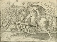 An illustration from De vernieuwde gulden winckel der kunstliebende Nederlanders : waer in den mensche door poëtische, historische en morale leeringen, vertoont wort, hoedanigh hy zijn leven, handel ende wandel, zedighlijck, eerbaerlijck en vermakelijck sal overbrengen : hier is by ghevoeght het tweede deel, waer in 't vvelvaren der vereenighde Nederlanden, en de droeve vvtvaert van Henricus de Grote, coningh van Vranckrijck en Navarre, &c. : nessens andere stichtelijcke dinghen, den konst-beminders worden voor oogen ghestelt (1622)