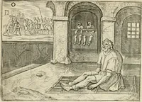 An illustration from De vernieuwde gulden winckel der kunstliebende Nederlanders : waer in den mensche door poëtische, historische en morale leeringen, vertoont wort, hoedanigh hy zijn leven, handel ende wandel, zedighlijck, eerbaerlijck en vermakelijck sal overbrengen : hier is by ghevoeght het tweede deel, waer in 't vvelvaren der vereenighde Nederlanden, en de droeve vvtvaert van Henricus de Grote, coningh van Vranckrijck en Navarre, &c. : nessens andere stichtelijcke dinghen, den konst-beminders worden voor oogen ghestelt (1622)