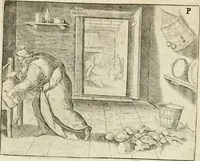 An illustration from De vernieuwde gulden winckel der kunstliebende Nederlanders : waer in den mensche door poëtische, historische en morale leeringen, vertoont wort, hoedanigh hy zijn leven, handel ende wandel, zedighlijck, eerbaerlijck en vermakelijck sal overbrengen : hier is by ghevoeght het tweede deel, waer in 't vvelvaren der vereenighde Nederlanden, en de droeve vvtvaert van Henricus de Grote, coningh van Vranckrijck en Navarre, &c. : nessens andere stichtelijcke dinghen, den konst-beminders worden voor oogen ghestelt (1622)