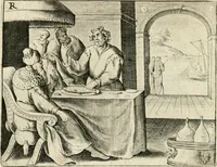 An illustration from De vernieuwde gulden winckel der kunstliebende Nederlanders : waer in den mensche door poëtische, historische en morale leeringen, vertoont wort, hoedanigh hy zijn leven, handel ende wandel, zedighlijck, eerbaerlijck en vermakelijck sal overbrengen : hier is by ghevoeght het tweede deel, waer in 't vvelvaren der vereenighde Nederlanden, en de droeve vvtvaert van Henricus de Grote, coningh van Vranckrijck en Navarre, &c. : nessens andere stichtelijcke dinghen, den konst-beminders worden voor oogen ghestelt (1622)