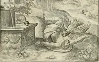 An illustration from De vernieuwde gulden winckel der kunstliebende Nederlanders : waer in den mensche door poëtische, historische en morale leeringen, vertoont wort, hoedanigh hy zijn leven, handel ende wandel, zedighlijck, eerbaerlijck en vermakelijck sal overbrengen : hier is by ghevoeght het tweede deel, waer in 't vvelvaren der vereenighde Nederlanden, en de droeve vvtvaert van Henricus de Grote, coningh van Vranckrijck en Navarre, &c. : nessens andere stichtelijcke dinghen, den konst-beminders worden voor oogen ghestelt (1622)