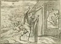 An illustration from De vernieuwde gulden winckel der kunstliebende Nederlanders : waer in den mensche door poëtische, historische en morale leeringen, vertoont wort, hoedanigh hy zijn leven, handel ende wandel, zedighlijck, eerbaerlijck en vermakelijck sal overbrengen : hier is by ghevoeght het tweede deel, waer in 't vvelvaren der vereenighde Nederlanden, en de droeve vvtvaert van Henricus de Grote, coningh van Vranckrijck en Navarre, &c. : nessens andere stichtelijcke dinghen, den konst-beminders worden voor oogen ghestelt (1622)