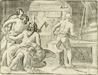 An illustration from De vernieuwde gulden winckel der kunstliebende Nederlanders : waer in den mensche door poëtische, historische en morale leeringen, vertoont wort, hoedanigh hy zijn leven, handel ende wandel, zedighlijck, eerbaerlijck en vermakelijck sal overbrengen : hier is by ghevoeght het tweede deel, waer in 't vvelvaren der vereenighde Nederlanden, en de droeve vvtvaert van Henricus de Grote, coningh van Vranckrijck en Navarre, &c. : nessens andere stichtelijcke dinghen, den konst-beminders worden voor oogen ghestelt (1622)