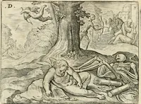 An illustration from De vernieuwde gulden winckel der kunstliebende Nederlanders : waer in den mensche door poëtische, historische en morale leeringen, vertoont wort, hoedanigh hy zijn leven, handel ende wandel, zedighlijck, eerbaerlijck en vermakelijck sal overbrengen : hier is by ghevoeght het tweede deel, waer in 't vvelvaren der vereenighde Nederlanden, en de droeve vvtvaert van Henricus de Grote, coningh van Vranckrijck en Navarre, &c. : nessens andere stichtelijcke dinghen, den konst-beminders worden voor oogen ghestelt (1622)