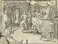 An illustration from De vernieuwde gulden winckel der kunstliebende Nederlanders : waer in den mensche door poëtische, historische en morale leeringen, vertoont wort, hoedanigh hy zijn leven, handel ende wandel, zedighlijck, eerbaerlijck en vermakelijck sal overbrengen : hier is by ghevoeght het tweede deel, waer in 't vvelvaren der vereenighde Nederlanden, en de droeve vvtvaert van Henricus de Grote, coningh van Vranckrijck en Navarre, &c. : nessens andere stichtelijcke dinghen, den konst-beminders worden voor oogen ghestelt (1622)