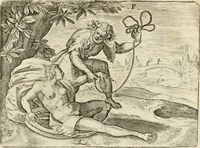 An illustration from De vernieuwde gulden winckel der kunstliebende Nederlanders : waer in den mensche door poëtische, historische en morale leeringen, vertoont wort, hoedanigh hy zijn leven, handel ende wandel, zedighlijck, eerbaerlijck en vermakelijck sal overbrengen : hier is by ghevoeght het tweede deel, waer in 't vvelvaren der vereenighde Nederlanden, en de droeve vvtvaert van Henricus de Grote, coningh van Vranckrijck en Navarre, &c. : nessens andere stichtelijcke dinghen, den konst-beminders worden voor oogen ghestelt (1622)