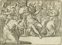 An illustration from De vernieuwde gulden winckel der kunstliebende Nederlanders : waer in den mensche door poëtische, historische en morale leeringen, vertoont wort, hoedanigh hy zijn leven, handel ende wandel, zedighlijck, eerbaerlijck en vermakelijck sal overbrengen : hier is by ghevoeght het tweede deel, waer in 't vvelvaren der vereenighde Nederlanden, en de droeve vvtvaert van Henricus de Grote, coningh van Vranckrijck en Navarre, &c. : nessens andere stichtelijcke dinghen, den konst-beminders worden voor oogen ghestelt (1622)