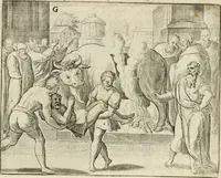 An illustration from De vernieuwde gulden winckel der kunstliebende Nederlanders : waer in den mensche door poëtische, historische en morale leeringen, vertoont wort, hoedanigh hy zijn leven, handel ende wandel, zedighlijck, eerbaerlijck en vermakelijck sal overbrengen : hier is by ghevoeght het tweede deel, waer in 't vvelvaren der vereenighde Nederlanden, en de droeve vvtvaert van Henricus de Grote, coningh van Vranckrijck en Navarre, &c. : nessens andere stichtelijcke dinghen, den konst-beminders worden voor oogen ghestelt (1622)