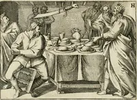 An illustration from De vernieuwde gulden winckel der kunstliebende Nederlanders : waer in den mensche door poëtische, historische en morale leeringen, vertoont wort, hoedanigh hy zijn leven, handel ende wandel, zedighlijck, eerbaerlijck en vermakelijck sal overbrengen : hier is by ghevoeght het tweede deel, waer in 't vvelvaren der vereenighde Nederlanden, en de droeve vvtvaert van Henricus de Grote, coningh van Vranckrijck en Navarre, &c. : nessens andere stichtelijcke dinghen, den konst-beminders worden voor oogen ghestelt (1622)