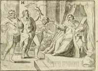 An illustration from De vernieuwde gulden winckel der kunstliebende Nederlanders : waer in den mensche door poëtische, historische en morale leeringen, vertoont wort, hoedanigh hy zijn leven, handel ende wandel, zedighlijck, eerbaerlijck en vermakelijck sal overbrengen : hier is by ghevoeght het tweede deel, waer in 't vvelvaren der vereenighde Nederlanden, en de droeve vvtvaert van Henricus de Grote, coningh van Vranckrijck en Navarre, &c. : nessens andere stichtelijcke dinghen, den konst-beminders worden voor oogen ghestelt (1622)