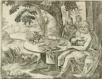 An illustration from De vernieuwde gulden winckel der kunstliebende Nederlanders : waer in den mensche door poëtische, historische en morale leeringen, vertoont wort, hoedanigh hy zijn leven, handel ende wandel, zedighlijck, eerbaerlijck en vermakelijck sal overbrengen : hier is by ghevoeght het tweede deel, waer in 't vvelvaren der vereenighde Nederlanden, en de droeve vvtvaert van Henricus de Grote, coningh van Vranckrijck en Navarre, &c. : nessens andere stichtelijcke dinghen, den konst-beminders worden voor oogen ghestelt (1622)