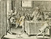 An illustration from De vernieuwde gulden winckel der kunstliebende Nederlanders : waer in den mensche door poëtische, historische en morale leeringen, vertoont wort, hoedanigh hy zijn leven, handel ende wandel, zedighlijck, eerbaerlijck en vermakelijck sal overbrengen : hier is by ghevoeght het tweede deel, waer in 't vvelvaren der vereenighde Nederlanden, en de droeve vvtvaert van Henricus de Grote, coningh van Vranckrijck en Navarre, &c. : nessens andere stichtelijcke dinghen, den konst-beminders worden voor oogen ghestelt (1622)