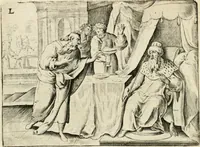 An illustration from De vernieuwde gulden winckel der kunstliebende Nederlanders : waer in den mensche door poëtische, historische en morale leeringen, vertoont wort, hoedanigh hy zijn leven, handel ende wandel, zedighlijck, eerbaerlijck en vermakelijck sal overbrengen : hier is by ghevoeght het tweede deel, waer in 't vvelvaren der vereenighde Nederlanden, en de droeve vvtvaert van Henricus de Grote, coningh van Vranckrijck en Navarre, &c. : nessens andere stichtelijcke dinghen, den konst-beminders worden voor oogen ghestelt (1622)