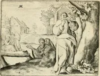 An illustration from De vernieuwde gulden winckel der kunstliebende Nederlanders : waer in den mensche door poëtische, historische en morale leeringen, vertoont wort, hoedanigh hy zijn leven, handel ende wandel, zedighlijck, eerbaerlijck en vermakelijck sal overbrengen : hier is by ghevoeght het tweede deel, waer in 't vvelvaren der vereenighde Nederlanden, en de droeve vvtvaert van Henricus de Grote, coningh van Vranckrijck en Navarre, &c. : nessens andere stichtelijcke dinghen, den konst-beminders worden voor oogen ghestelt (1622)