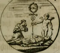 An illustration from Devises et emblemes anciennes & modernes, tirées des plus celebres auteurs, oder, Emblematische Gemüths-Vergnügung : bey Betrachtung siben hundert und funffzehen der curieusesten und ergötzlichen Sinn-Bildern, mit ihren zuständigen teutsch-lateinisch-französisch- und italianischen Beyschrifften (1695)